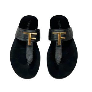 Tom Ford Black Leather Sandals with Gold Logo